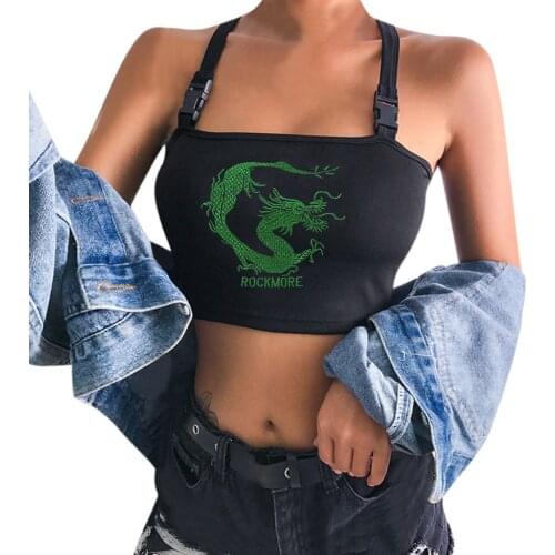 Summer Women Crop Tank Top Camis Sexy Backless Back Cross Reflective Buckle Top Bralet Tube Ladies Dragon Printed Vest Tops