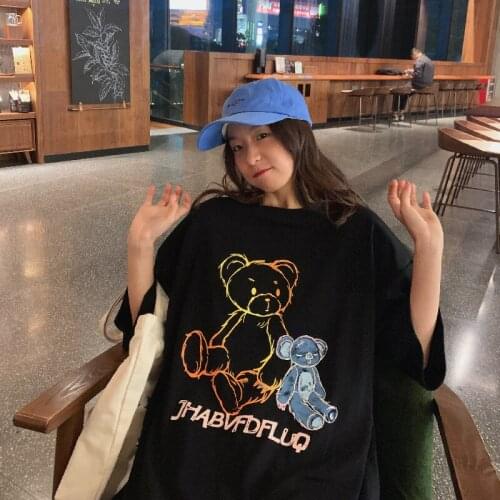 Summer college style cartoon print half-sleeved mid-length loose cotton T-shirt all-match casual women