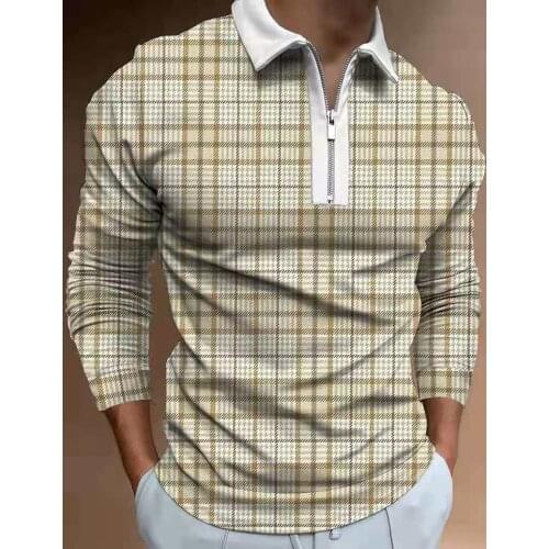 Men Long Sleeve Polo Shirts 2021 Autumn and Winter Fashion Lattice Patchwork Casual Turn-Down Collar Zipper Thermal Top S-3XL