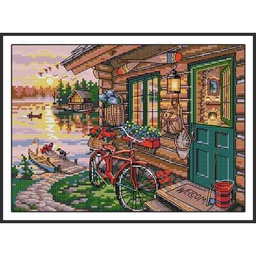Riverside Hut Joy Sunday Stamped Cross Stitch Kit 14ct Printed on Canvas 11ct Counted Cloth Cross Embroidery Kit Needlework Sets