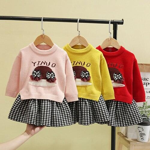 New Girl Baby Winter Knitted Clothes Sets Fashion Kids Elegant Plaid Sweaters Tops And Skirt Outfits Princess Christmas Costume