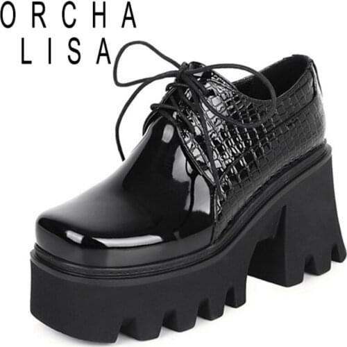 ORCHA LISA 2021 Summer Ladies Sexy Patchwork Platform High Thick Sole Chunky 8cm Lace Up Square Toe Punk Size 35-44 Silver A4159