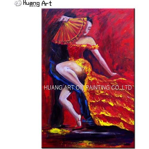 Hand-painted High Quality Impression Hot Flamenco Dancer Oil Painting on Canvas Sexy Women Hold Fan Dancing With Man Painting