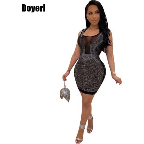 Mini Sexy Summer Dress Women Sparkly Rhinestone Sheer Mesh Plus Size Bodycon Short Dress Elegant Slim Club Party Night Dress