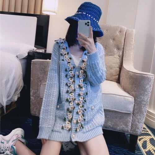 Runway 2021 Autumn Christmas Handmade 3D Flowers Sweater Midi Cardigans Blue Single Breasted Coat Winter Clothes Brand Design