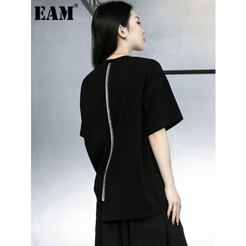 [EAM] Women Black Line Spliced Big Size Casual T-shirt New Round Neck Short Sleeve Fashion Tide Spring Summer 2021 1DD9650