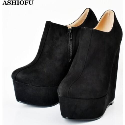 ASHIOFU Hot Sale Women Wadge Heel Pumps Faux-suede Sexy Platform Party Dress Shoes Real Photos Evening Fashion Court Pumps Shoes