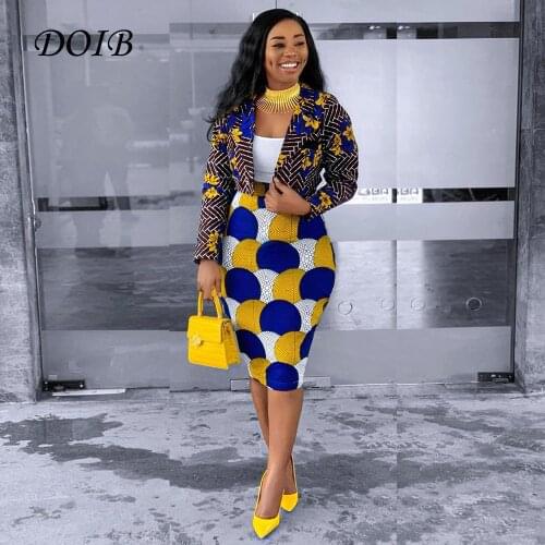 DOIB African Dress for Women Floral Print Skirt Suit Office Lady Work Wear Two Piece Set Fashioin Dress