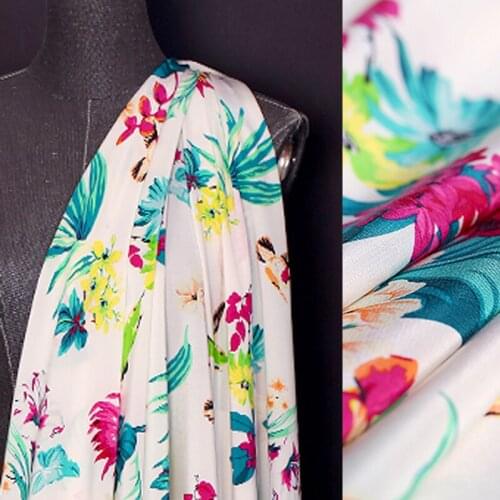 114CM 16MM Plants Print White Silk Crepe De Chine Fabric for Summer Dress Blouse Skirt Shirt Pants DE1412