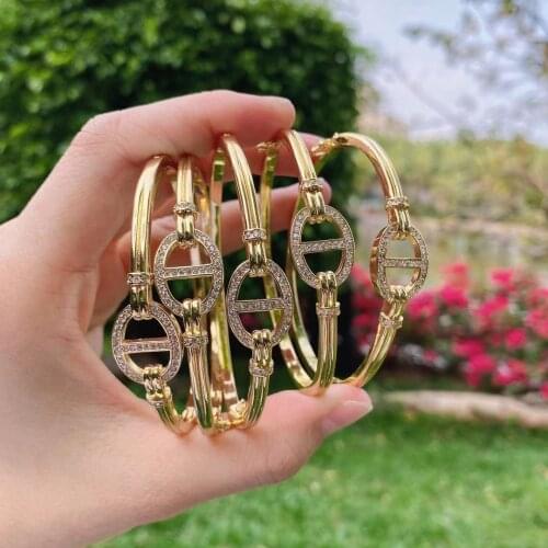 3PCS, Geometric Bangle For Women Gold Color Crystal CZ Pave Metal Copper Charm Bracelets & Bangles Female Fashion Jewelry
