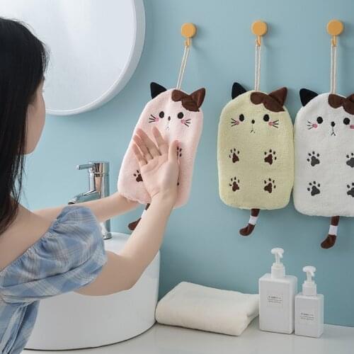 Absorbent Cat Embroidered Hanging Type Hand Towel Coral Velvet Dual Purpose Home Decoration Coral Velvet Bathroom Supplies