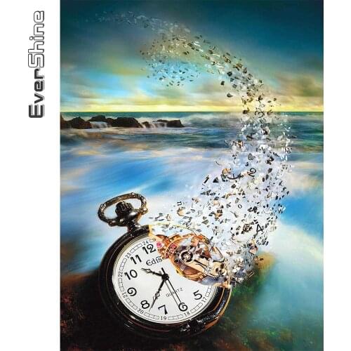 Evershine DIY 5D Diamond Embroidery Clock Diamond Painting Seaside Cross Stitch Landscape Full Square Round Mosaic Handicraft