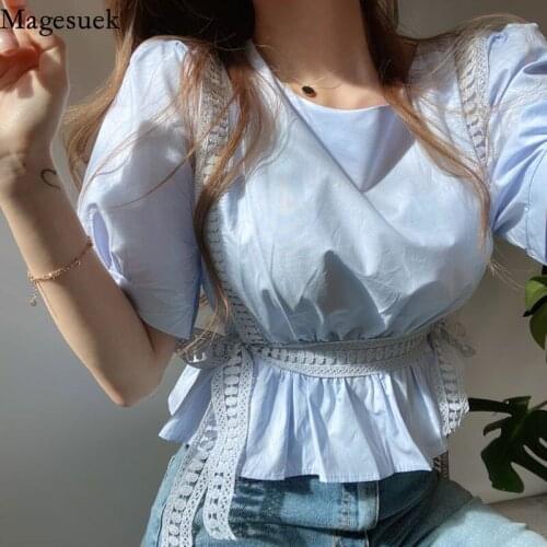 Korean Summer Women Tops New O Neck Gentle Lace Applique Puff Short Sleeve Short Blouse Sweet Lace-up Bow Slim Loose Shirt 14663