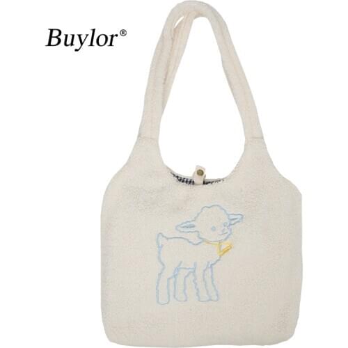 Buylor Shoulder Bag Lamb Like Fabric for Women Simple Handbag Embroidery Cute Girl Shopping Bag Large Capacity Tote Grils Cute B