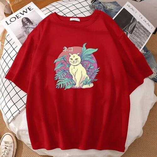 Beautiful White Cat Japanese Printed Tee Shirts Oversized Loose Women T-Shirts Summer S-XXXL Tshirts Cotton Soft Tshirt Female