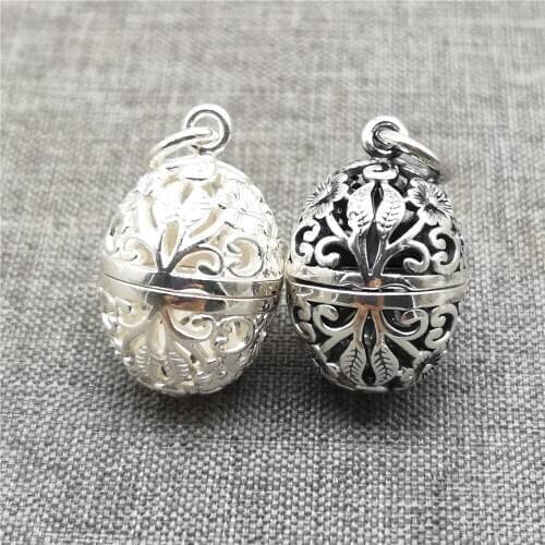 925 Sterling Silver Oval Egg Locket Pendant Flower Prayer Wish Memory Box