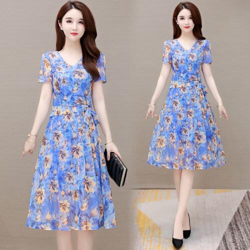 L-5xl Summer Elegant Dress Blue Pueple Floral Printed Mesh Patchwork Short Sleeve With Belt Mother Chiffon Party Dresses 3346