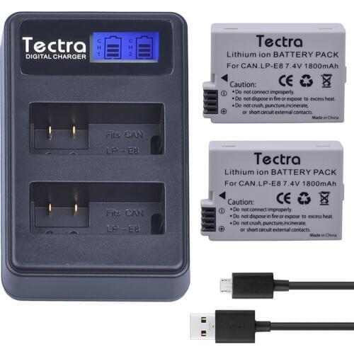 Tectra 2PCS LP-E8 LPE8 LP E8 Li-ion Camera Battery + LCD USB Dual Charger For Canon EOS 550D 600D 650D 700D