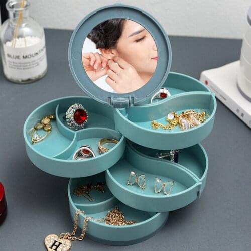 Multilayer Rotating Plastic Jewelry Stand Jewelry Storage Box Earrings Ring Box Cosmetics Beauty Container Organizer with Mirror