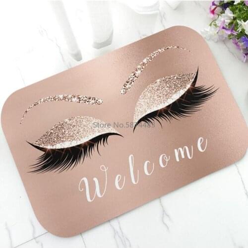 Trendy Rose Gold Glitter Lashes Welcome Door Mat Sparkly Makeup Rubber Doormat Rug Carpet Chic Home Beauty Studio Decor