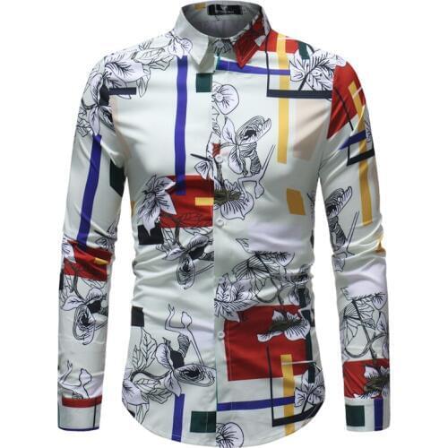Men Hawaiian Shirt Long Sleeve Floral Print Mens Dress Formal Shirts Camisa Social Masculina Men Casual Slim Fit Tops Shirt 5XL