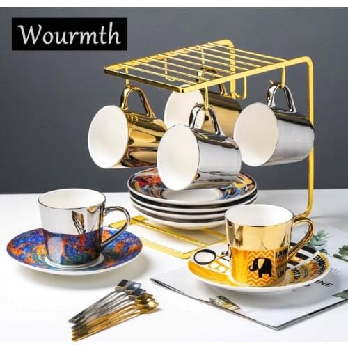 Wourmth Mirror Reflection Cup Gold and Silver Couple Cup Ceramic Coffee Cup and Saucer set Personality Afternoon Tea Mugs 250ml