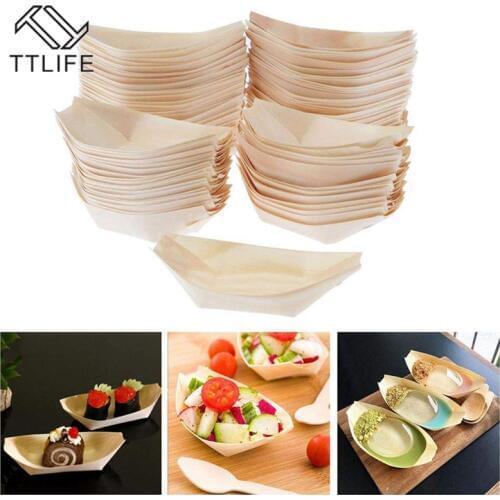 50PCS/Pack Promotion Party Wedding Supplies, 130mm Disposable Sushi/Salad/Dessert Bowl Pine Wood Boat Kitchenware Plates