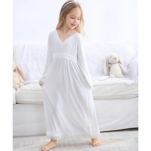 Autumn Girls Nightgown White Cotton Long Nightgown For Girls European Loose soft Kids Sleepwear Lace Homewear 3-12 Year