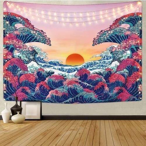 Natural Scenery Ocean Sunset Tapestry Wall Hanging Hippie Tapestry Wall Carpet ArtCloth Thin Backdrop Decor Psychedelic Tapestry