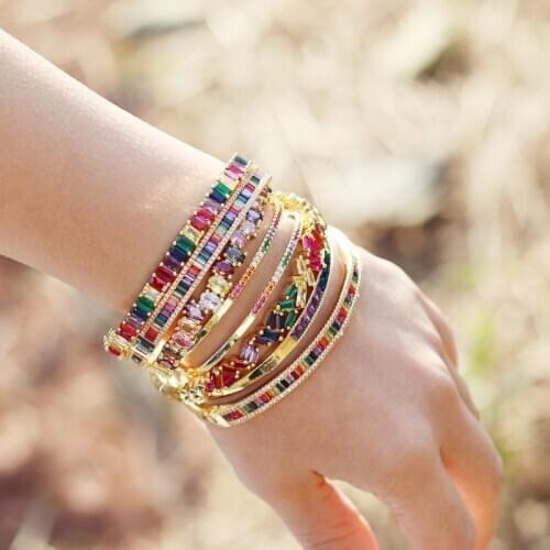 Adjusted Gold Filled Rainbow Baguette CZ Bangles For Women Gilr Colorful Cubic Zirconia Bracelet Fashion Crystal Jewelry