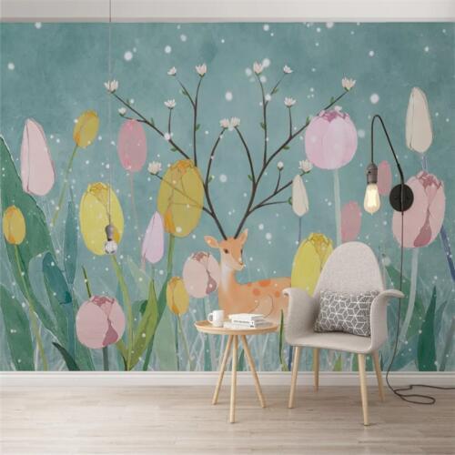Hand-painted Tulips Flowers Sika Deer Blue Background Childrens Room Mural Wallpaper for Kids Room 3D Wall Papers Home Decor