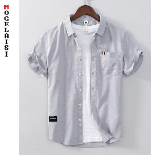 Grey short sleeve shirt men New summer solid 100% cotton casual shirt tops clothing Asian size XXXL 1611