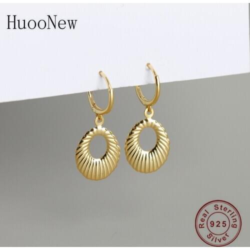 925 Silver Gold Color Boho Shell Texture Oval Shape Bead Plain Hoop Earring Piercing Pendientes Boucle Doreilles For Women 2020