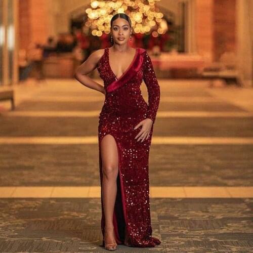 Chic Red Prom Dresses Sequins One Shoulder Floor Length Split Evening Dress Custom Made Long Sleeves Party Gown