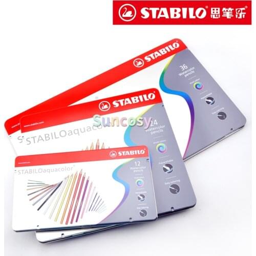 STABILO Aquacolor Metal Box of 12 24 36 Colours - Aquarellable Coloured Pencil,Water Soluble, Lead Diameter 2.8 mm