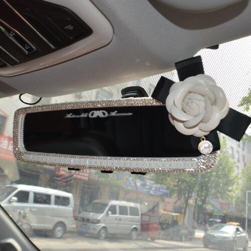 Rhinestones Camellia Car Interior Rear View Mirror Universal Wide Angle Rear Mirrors Rearview for Girls Women Car Accessories