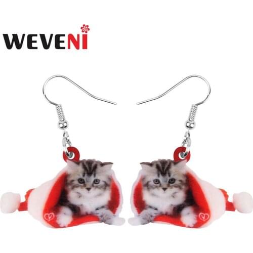 WEVENI Acrylic Christmas Hat Short Hair Cat Kitten Earrings Drop Dangle Sweet Animal Jewelry For Women Girl Teen Decoration Gift