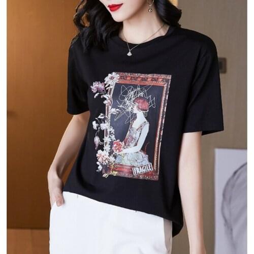 GGRIGHT 2021 Women Summer T Shirts Tops Vintage Print T-Shirt Cotton Tshirt Black Short Sleeve Vetement Femme Korean Clothes