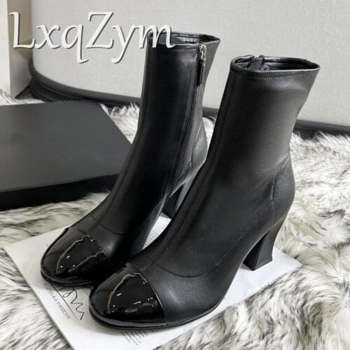 Famous Brand Female Ankle Boots Fashion Calfskin Thick Bottom Luxury Women Kinight Shoes Round Toe Lace Up Riding High Heels