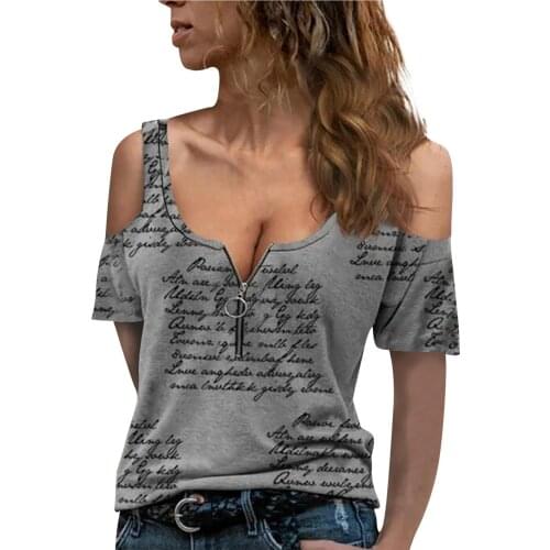 Women Fashion Casual Text Print Short Sleeve Deep V-neck Zipper Off Shoulder Solid Color Sexy Ladies Girls Top All-match Shirt