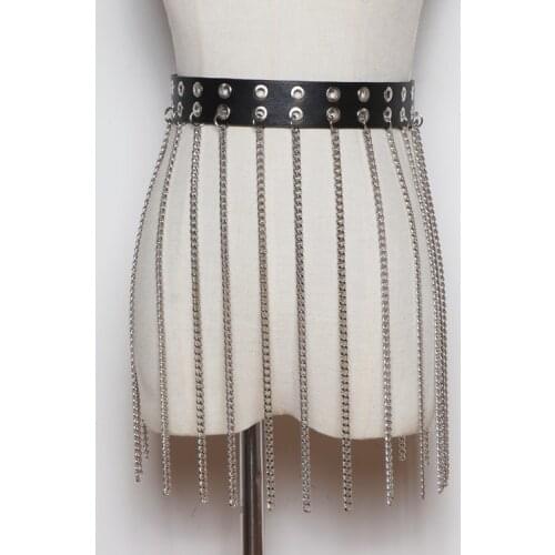 Double Layers Hollow Out Buckle Pins Waist Belt Women PU Leather PUnk Jean Waistband Wide Metal Alloy Tassel Fringe Waist Chain