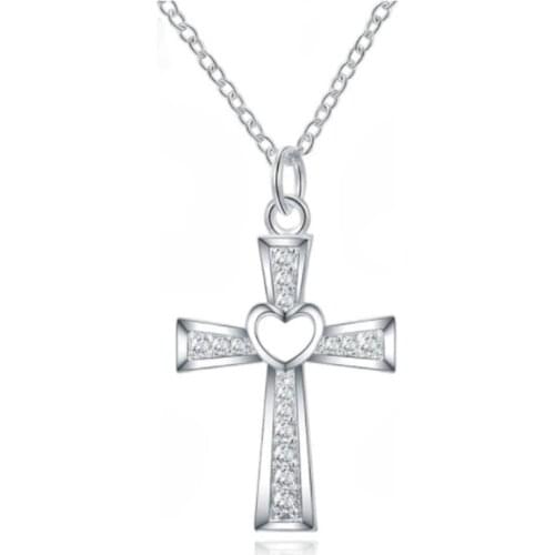 NEW 925 Sterling Silver 18 Inch Chain Cross AAA Zircon Heart Necklace For Women Fashion Wedding Party Charm Jewelry