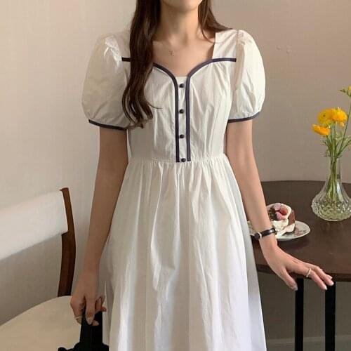 Sannian Women Dress Retro Niche Design Square Collar Wrapped Collision Color High Waist Skinny Bubble Sleeve A-line Dresses