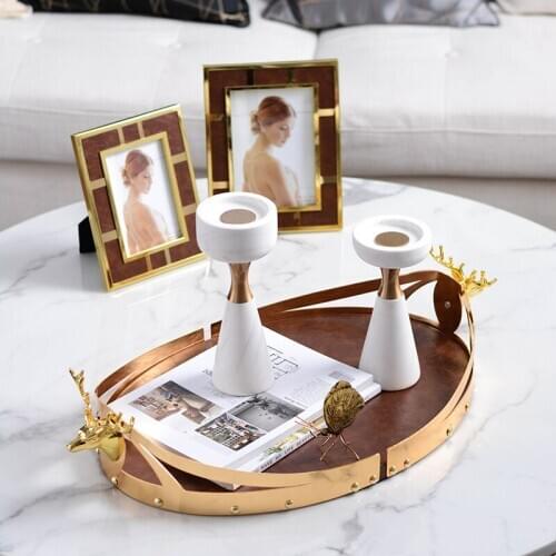 Golden Antler Handle Dessert Tray Metal Frame Cake Tray Creative Hotel Restaurant Dessert Tray Leather Storage Decor Ornaments