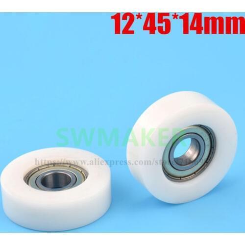 1pcs 12*45*14mm flat roller, embedded 6001zz bearing, plastic coated nylon /POM passive pulley