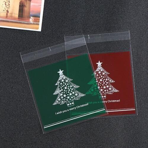 100Pcs Christmas Tree Plastic Bag Birthday Cookie Candy 10x10+3cm Gift Packaging Bags OPP Self Adhesive Party Favors