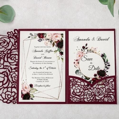 100pcs Burgundy Laser Cut Hollow Rose Wedding Invitations Cards with Pearlized Pockets and Envelopes for Wedding Bridal Shower
