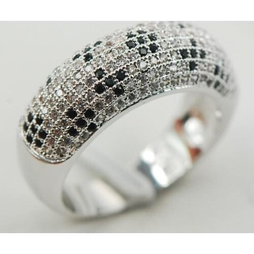 White Black Crystal Zircon 925 Sterling Silver Micropave Ring Size 6 7 8 9 10 A23