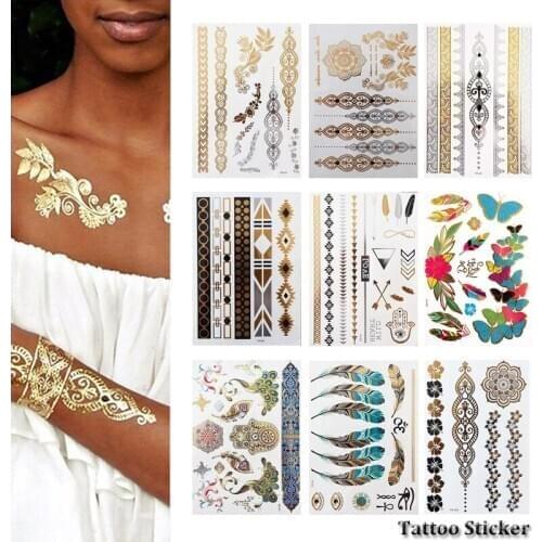 Free Shipping Women Flash Metallic Waterproof Temporary Tattoo Gold Silver Tatoo Henna Flower Taty Design Tattoo Sticker Art 1pc