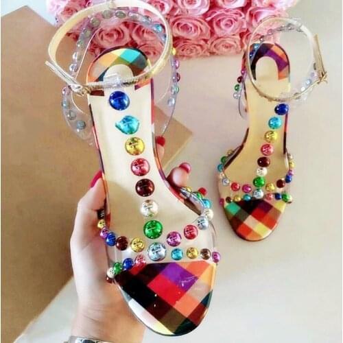 Sexy lady peep toe high heels summer shoes women sprinkled with multi-colored ankle strap women sandals